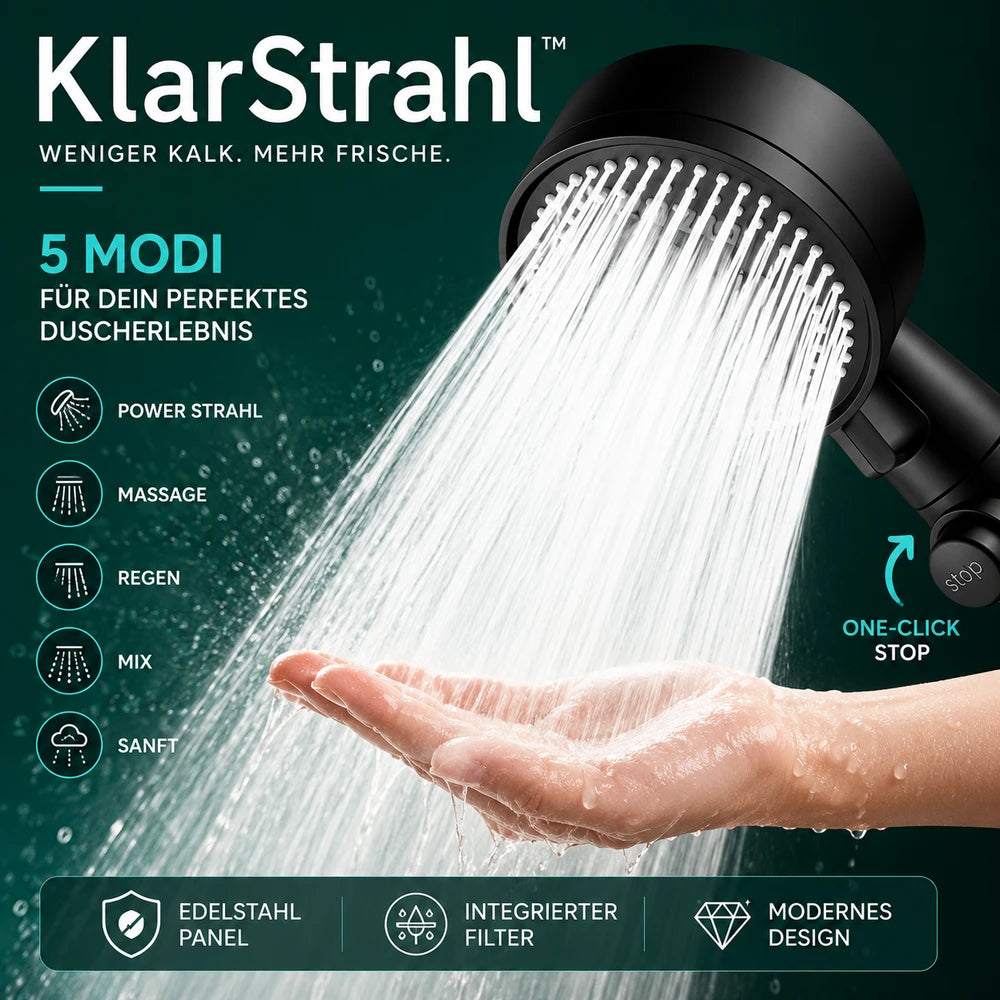 KlarStrahl™ | Hochdruck Duschkopf inkl. 2m Schlauch & Wandhalterung