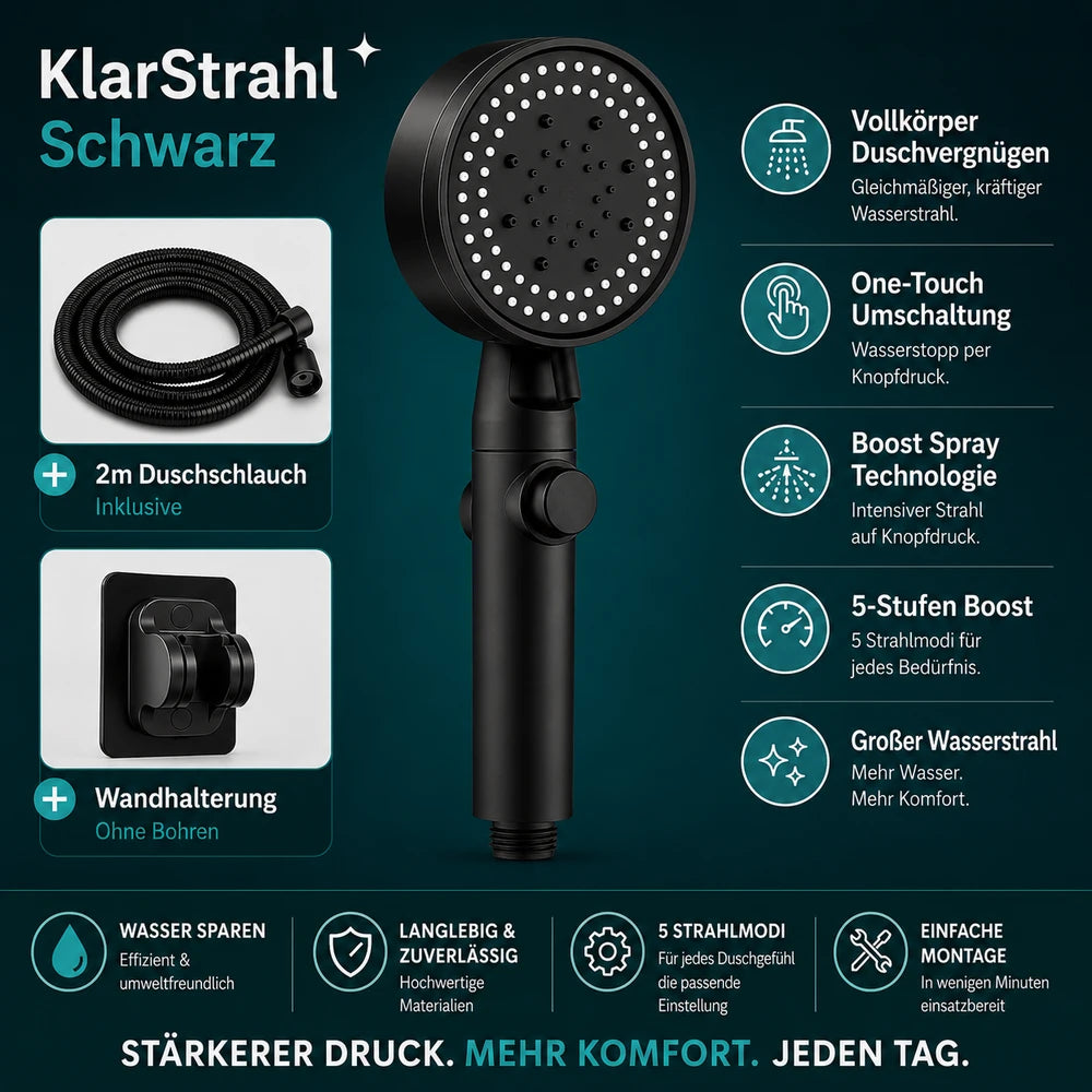 KlarStrahl™ | Hochdruck Duschkopf inkl. 2m Schlauch & Wandhalterung
