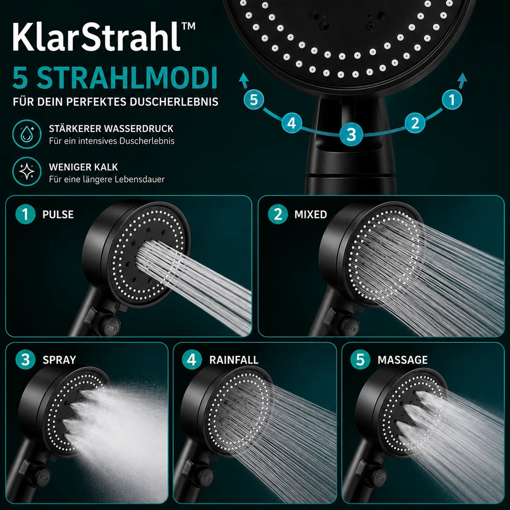 KlarStrahl™ | Hochdruck Duschkopf inkl. 2m Schlauch & Wandhalterung