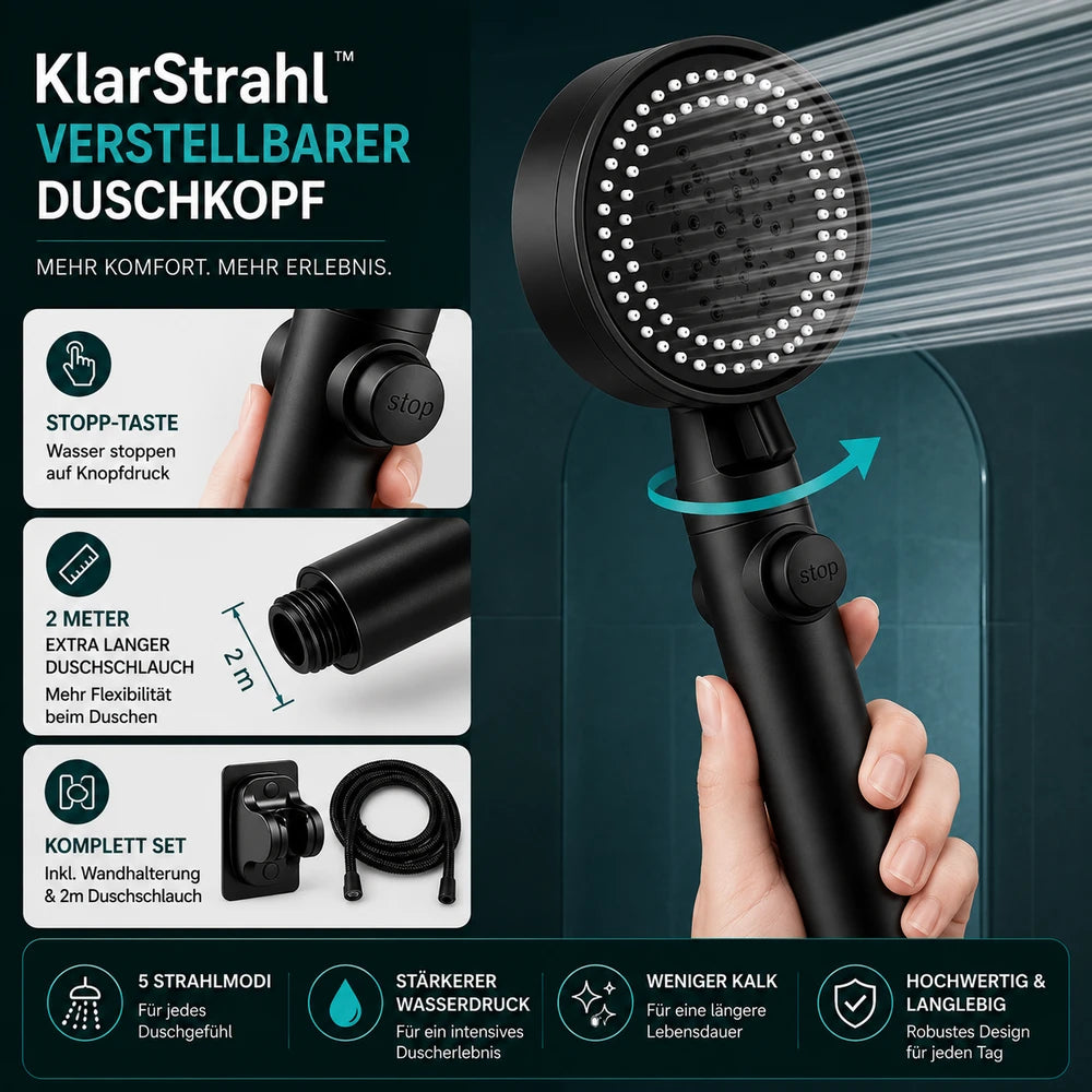 KlarStrahl™ | Hochdruck Duschkopf inkl. 2m Schlauch & Wandhalterung