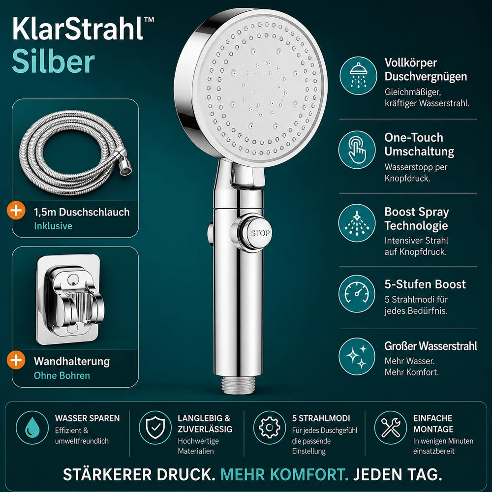 KlarStrahl™ | Hochdruck Duschkopf inkl. 2m Schlauch & Wandhalterung