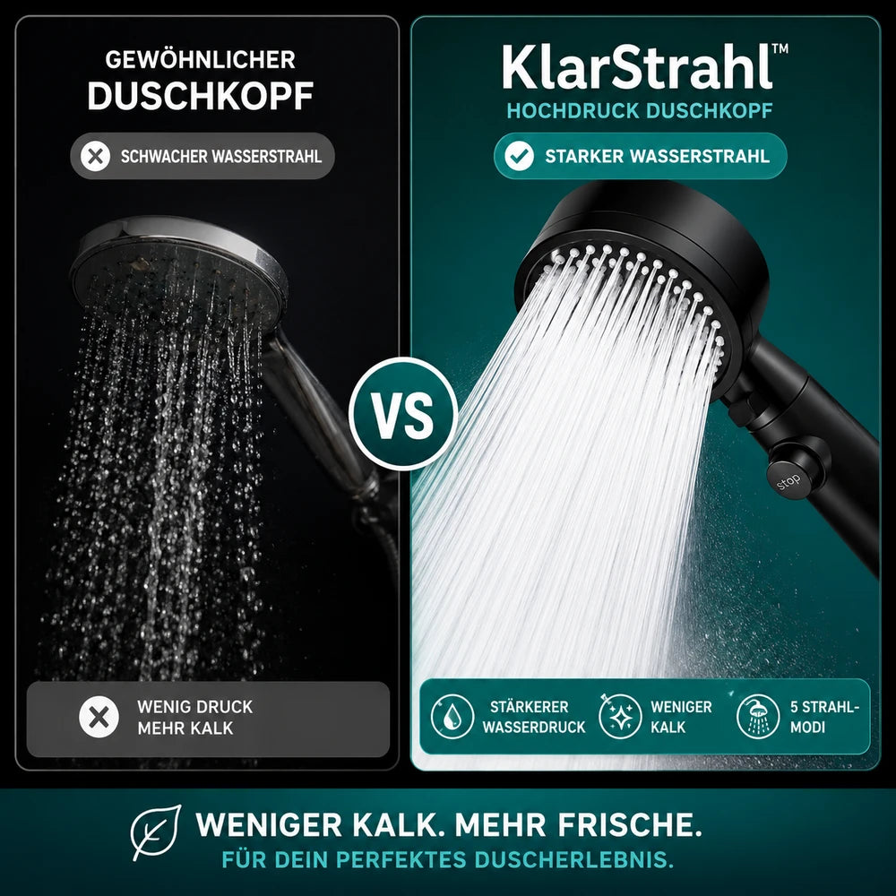 KlarStrahl™ | Hochdruck Duschkopf inkl. 2m Schlauch & Wandhalterung
